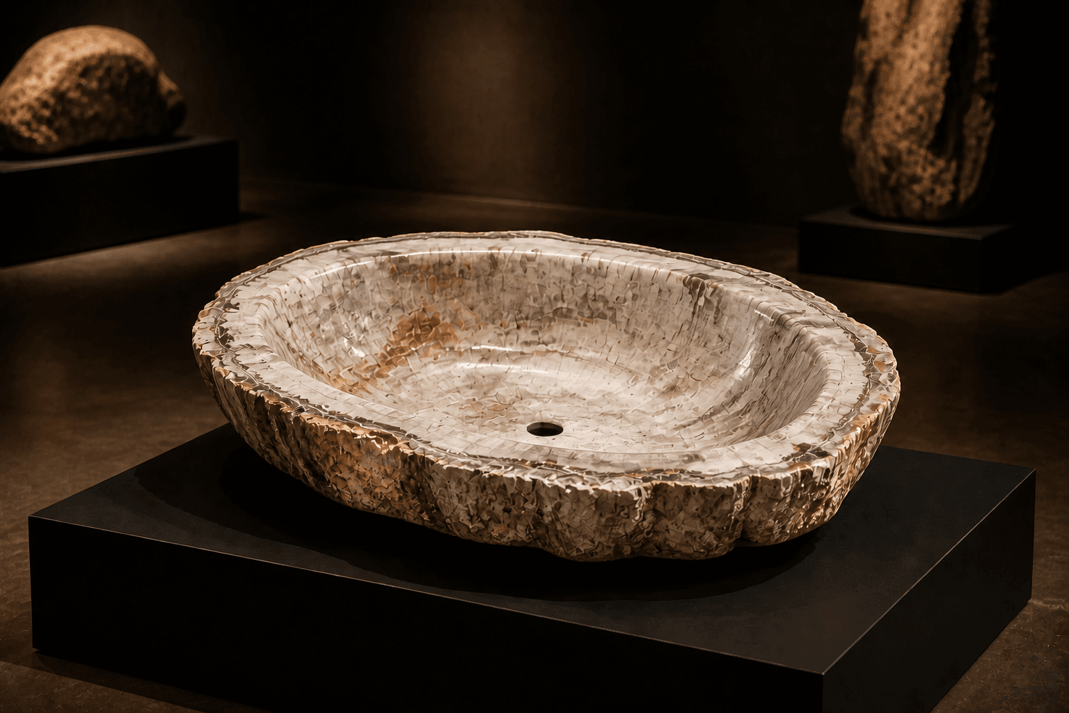 Visualisation éditoriale d'une vasque ovale en bois pétrifié gris taupe et ivoire