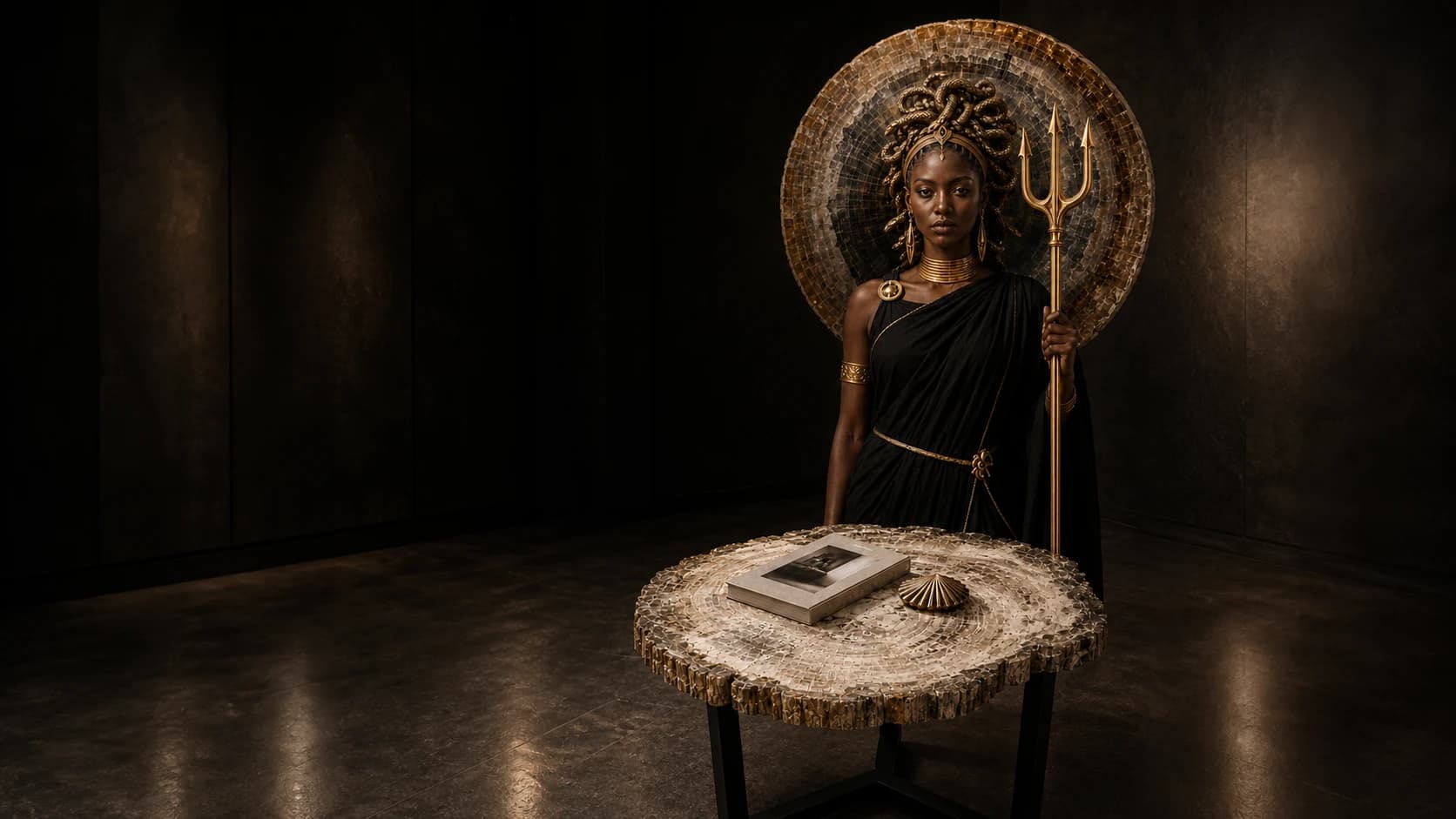 La gardienne de la matière devant une table en bois pétrifié dans une galerie sombre