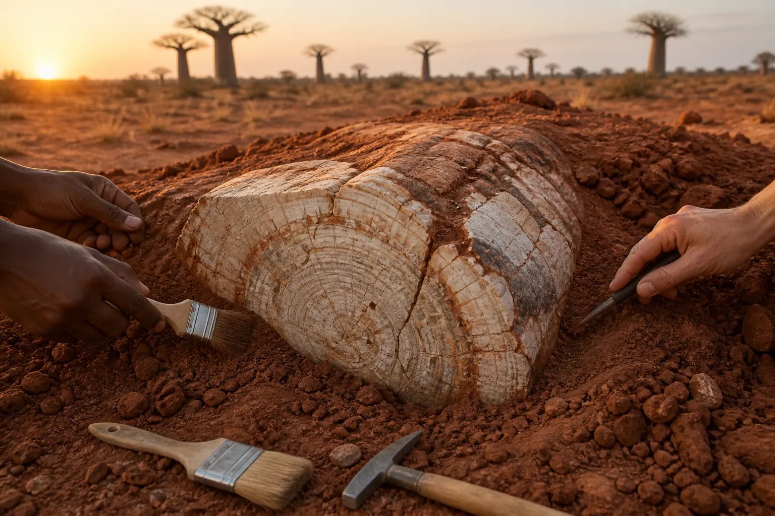 Visualisation éditoriale d'une tranche de bois pétrifié dégagée de la terre malgache, baobabs à l'horizon