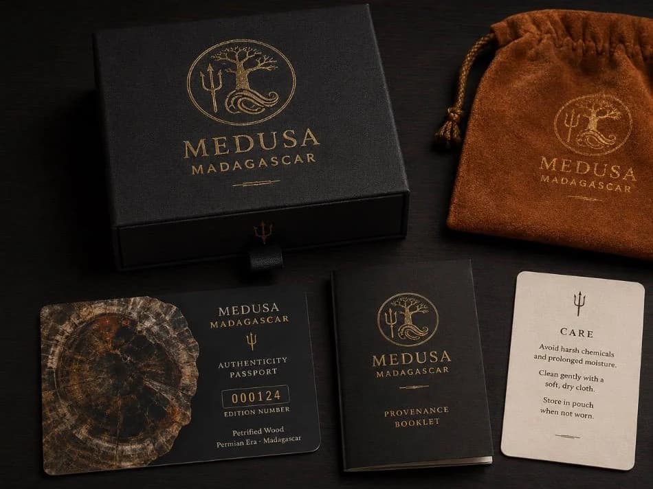 Visualisation du coffret MEDUSA et des trois documents posés à côté : passeport d'authenticité orné d'une tranche de bois pétrifié, livret de provenance et carte d'entretien
